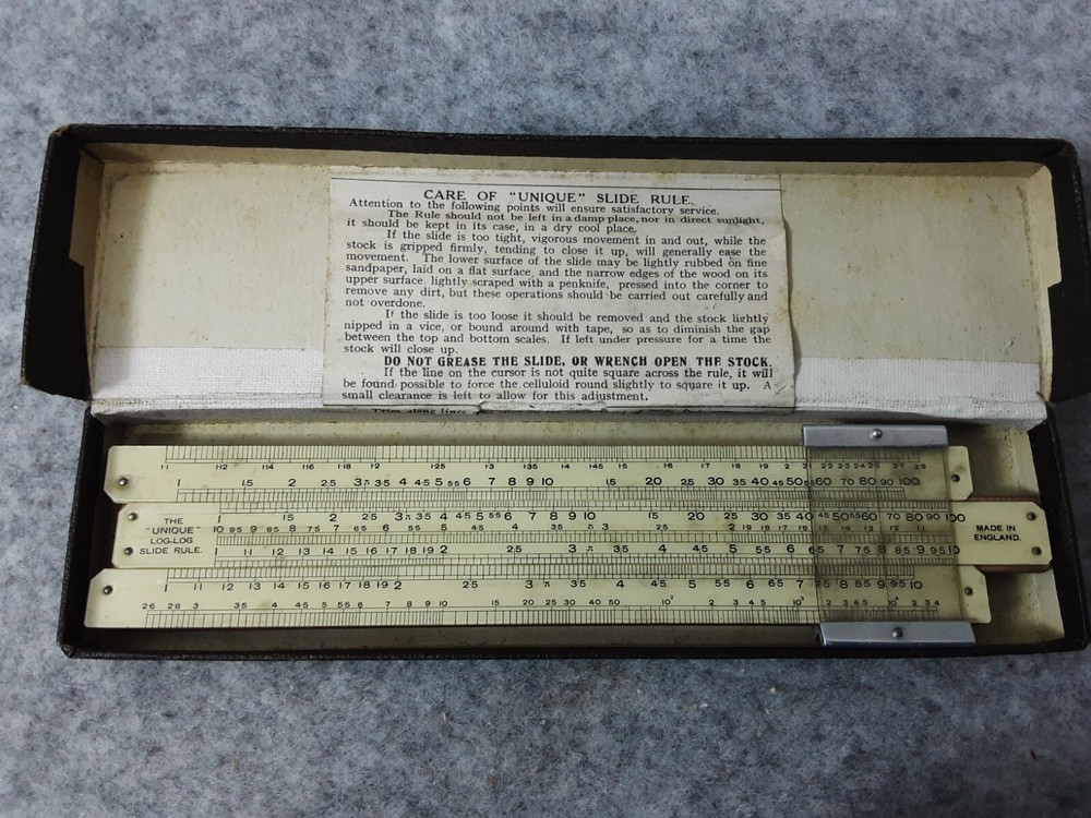 Log-Log Slide Rule Boxed 6" UNIQUE Technical Supply Co Brighton Antique