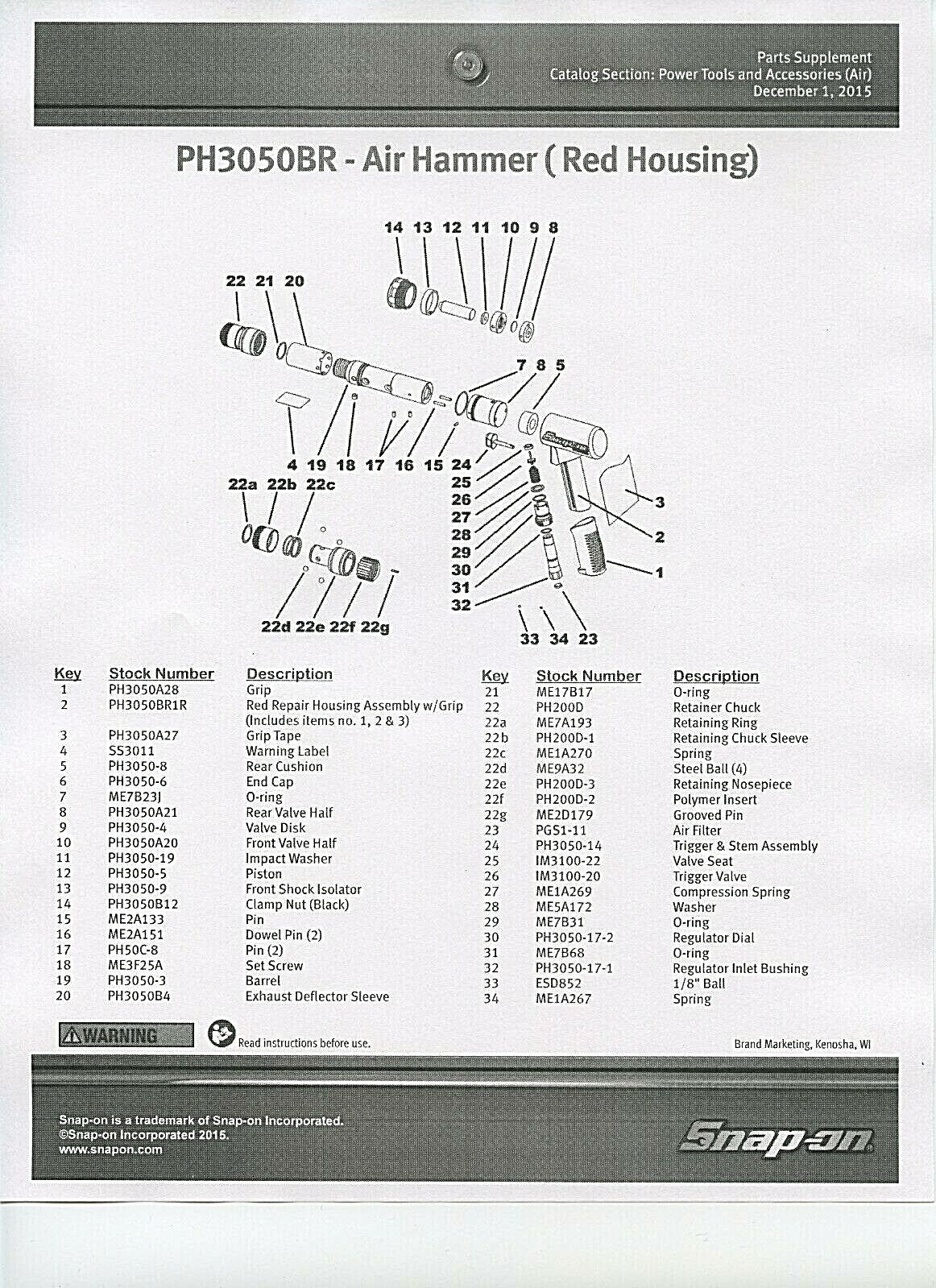 SNAP ON PH3045,PH3050,PH3050A,PH3050B AIR HAMMER TUNE UP KIT A FIFTEEN PIECE LOT