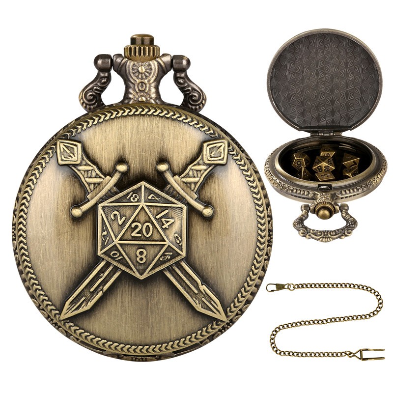 DND Dice Set 7pcs Solid Metal Polyhedral Fighter Pocket Watch Case with Chain