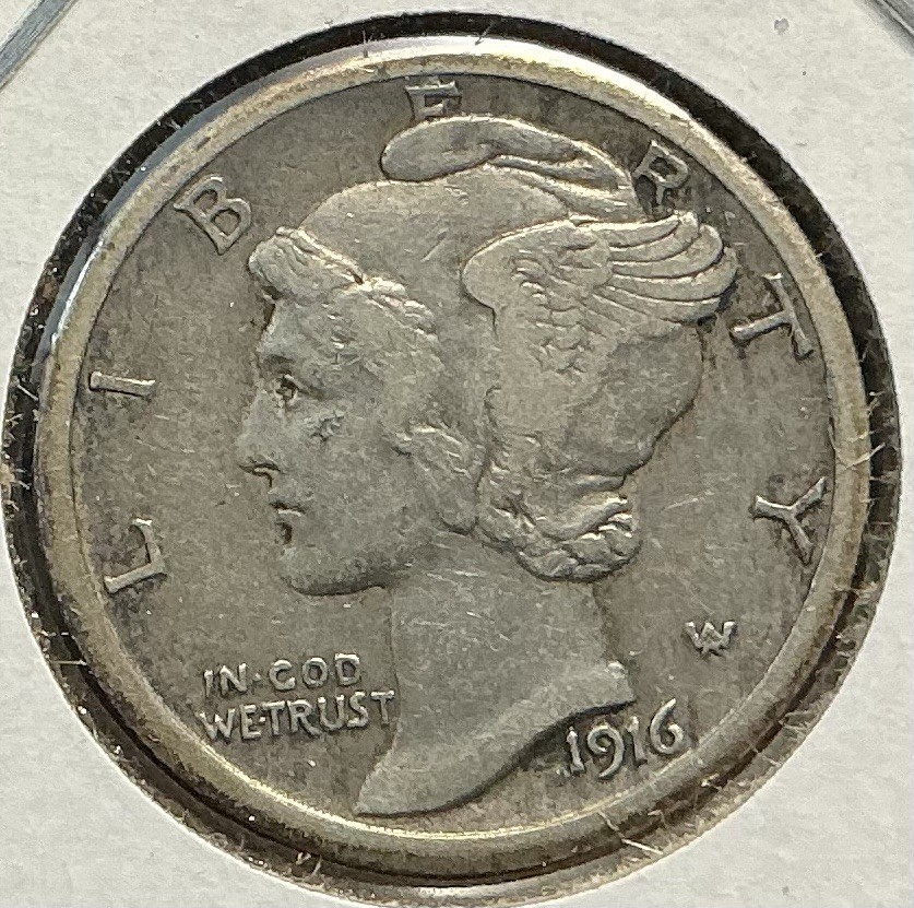 1916 S MERCURY 10C DIME XF