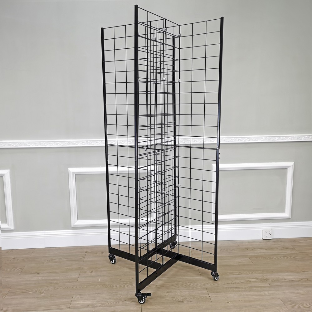 Four-Sided Gridwall Display Rack Black 3X4" Grid 4-Way Floor Stand Tradeshow