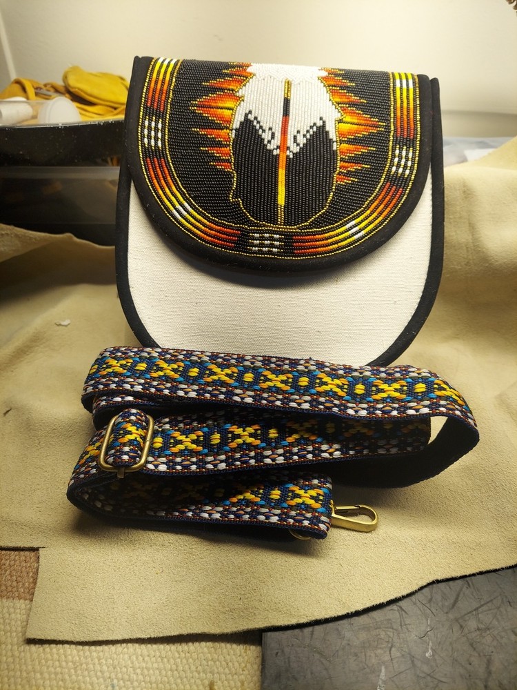 Native American Styled Beaded Canvas Bag, Black Feather