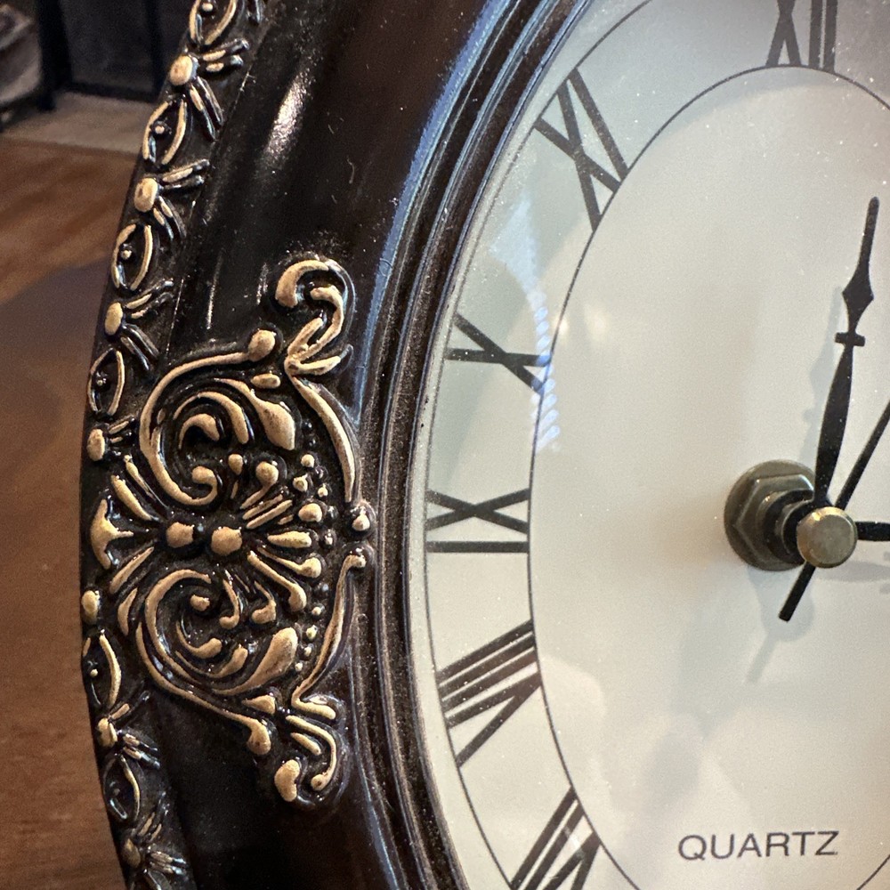 Rustic Quartz Shelf Decorative Clock Battery Operated Brown Scroll Elegant