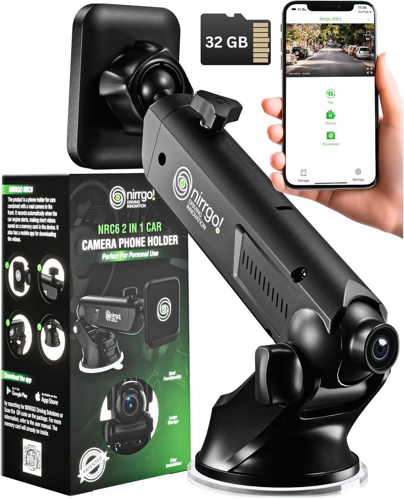 NIRRGO 2-in-1 Dash Cam and Phone Mount - Compact Design for Secure Recording