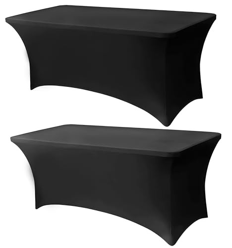 6FT Table Cloth - Pack Fitted Stretch Rectangle Spandex Tablecloth, 2 Black