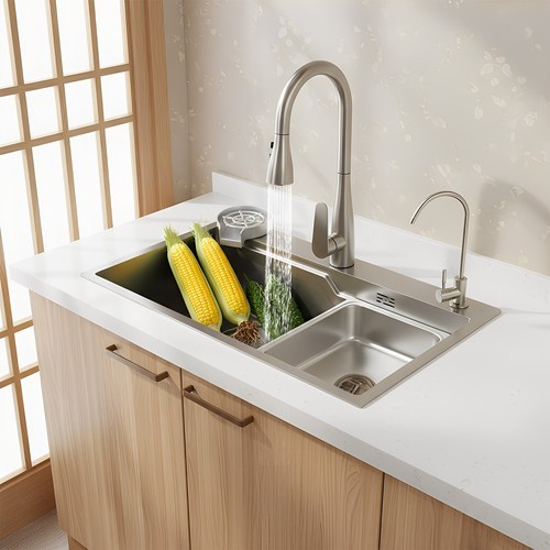 Stainless Steel Undermount Kitchen Sink with Solid Wood Cutting Board & Faucet