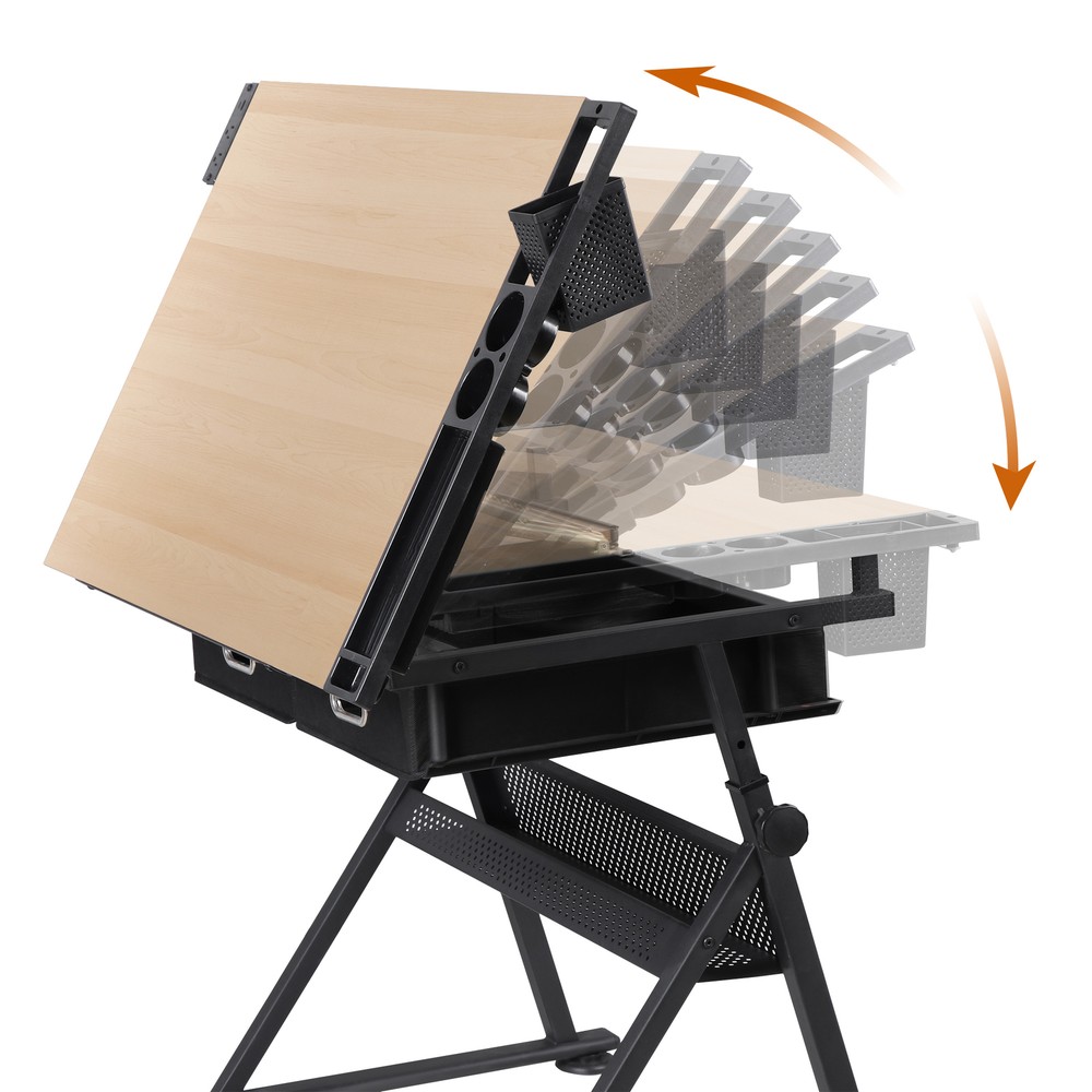 Drafting Table and Stool Set with Tilted Tabletop and Adjustable Height Natural