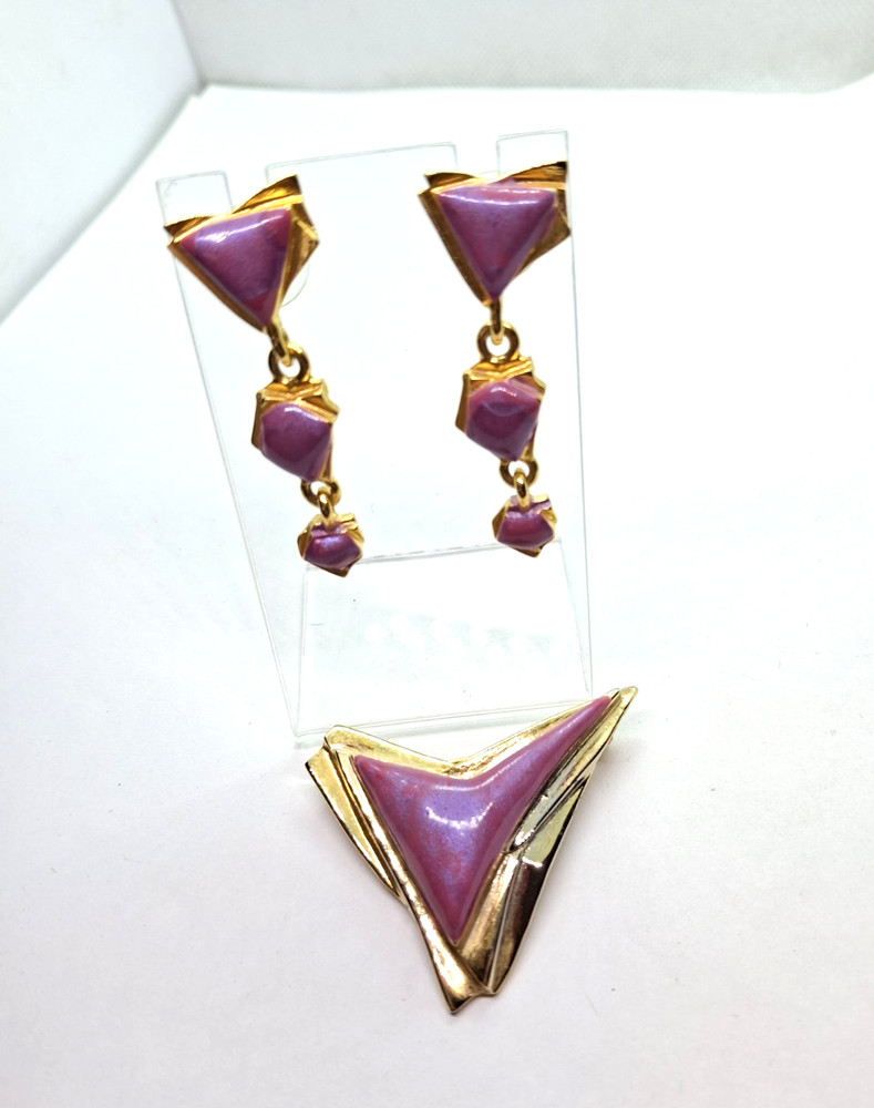 Vtg Enamel Brooch Pierced Earring Set Geo Mod Statement Retro Atomic