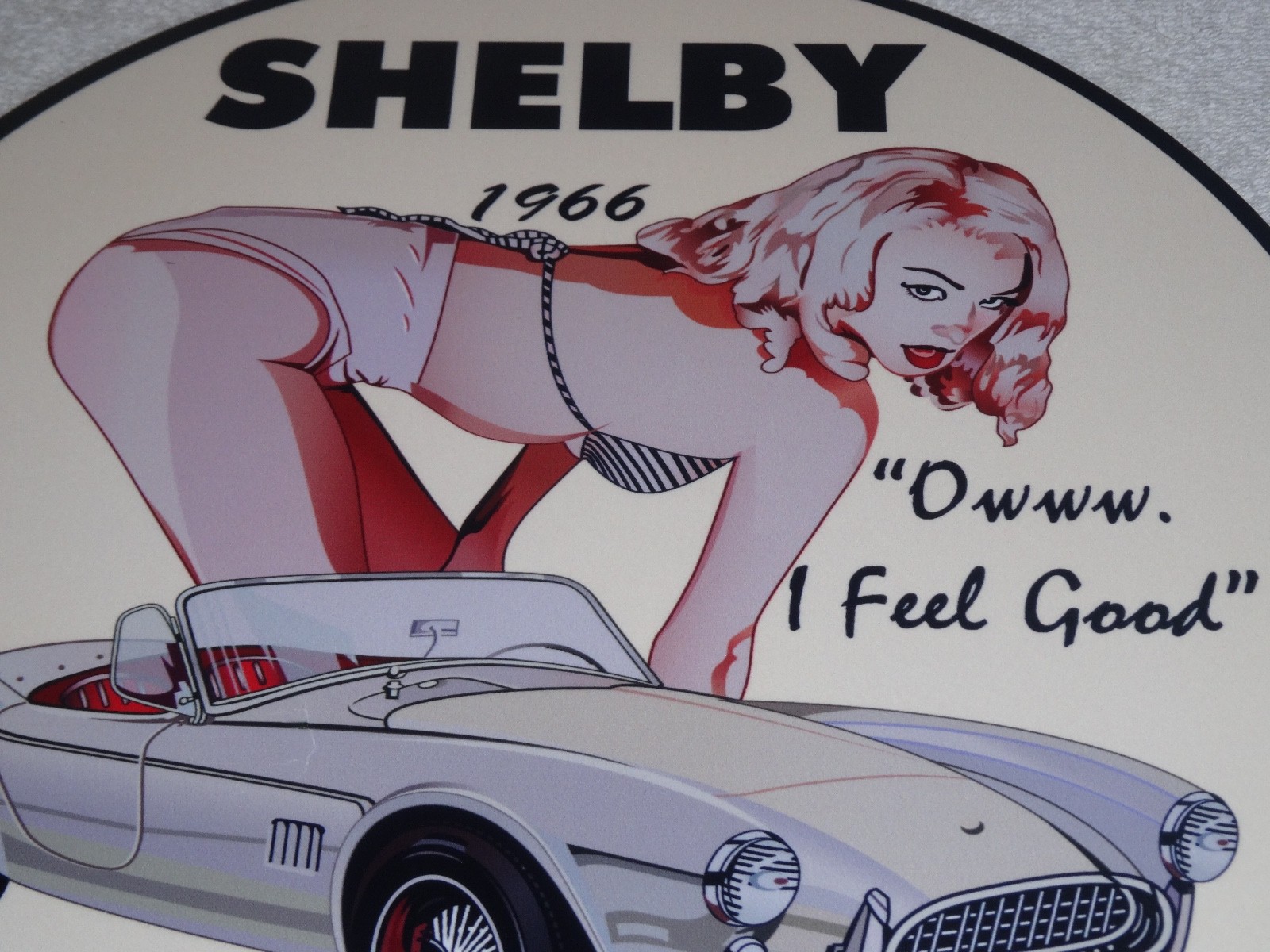 VINTAGE 1966 FORD SHELBY COBRA SPORTS CAR & WOMAN 12" METAL GASOLINE & OIL SIGN!