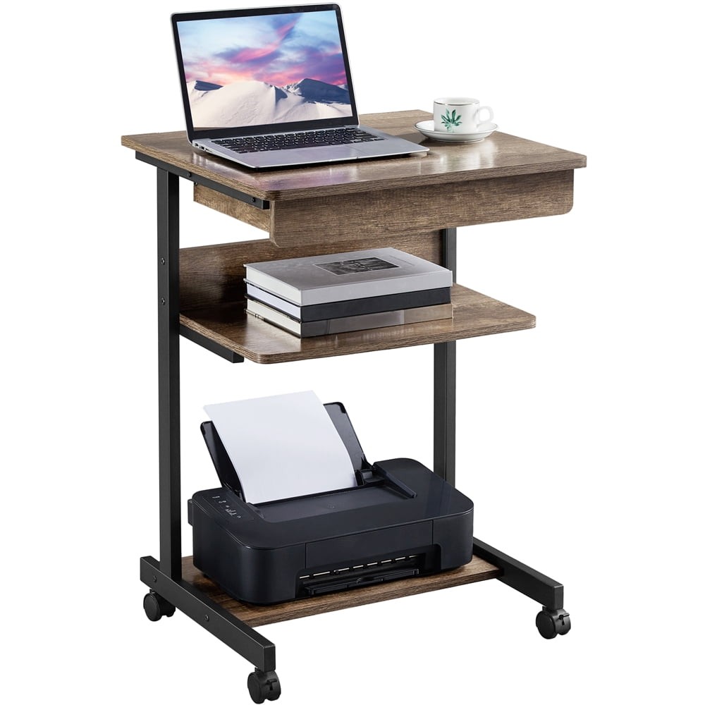Rolling Computer Desk W/ 2 Storage Shelves & Drawer Compact Work Table Taupe