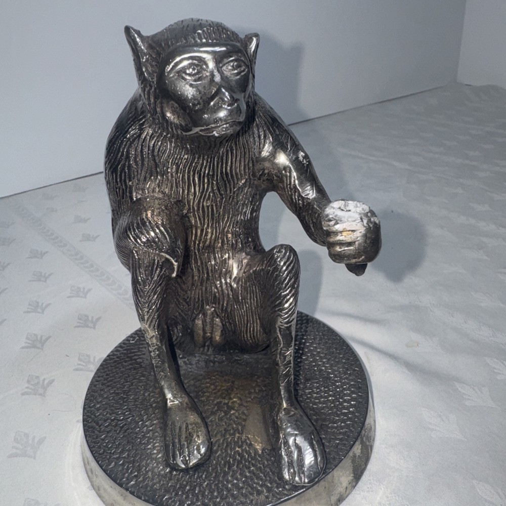 Antique 6” Cast Bronze Anatomically Correct Monkey Figurine Silver Finish Holds