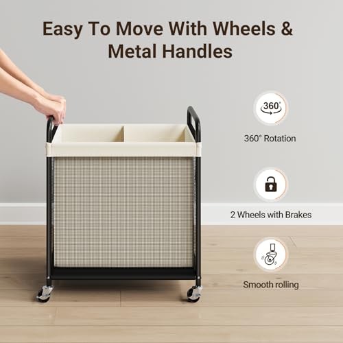 Laundry Hamper 2 Section, 100L Rolling Laundry Sorter with 2-Section Beige