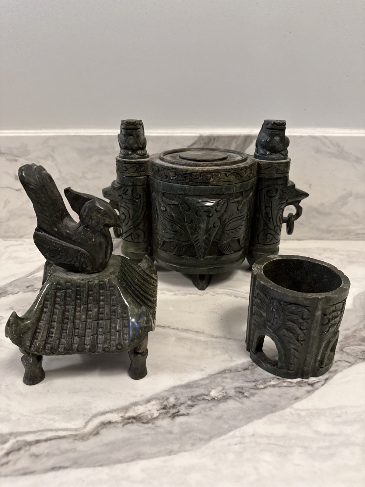 Large Vintage Chinese Deep Green Nephrite Jade Incense Burner 14”