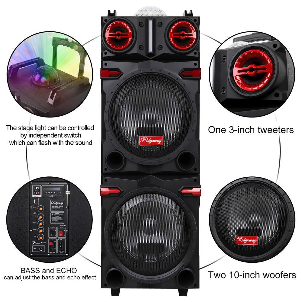 Dual 10" Portable Disco LED Bluetooth Speaker, Remote, & Powerful Sound System