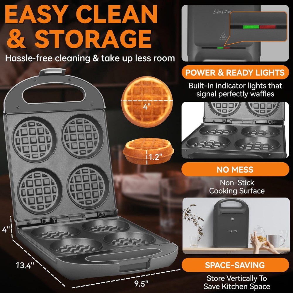 Multi Stuffed Waffle Maker Thick, 4-Slice with 1.2'' Thick & 4'' Dia, Belgian...