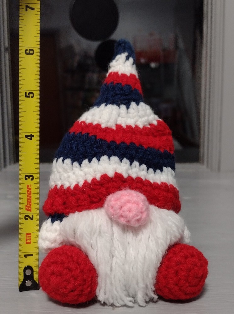Handmade Crochet Stuffed Gnome Red White Blue