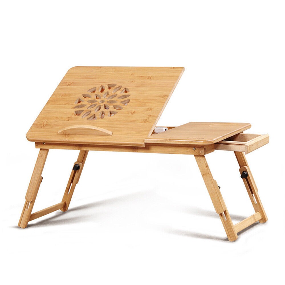 Bamboo Adjustable Laptop Tray Lap Desk Stand Foldable Bed Table w/drawer
