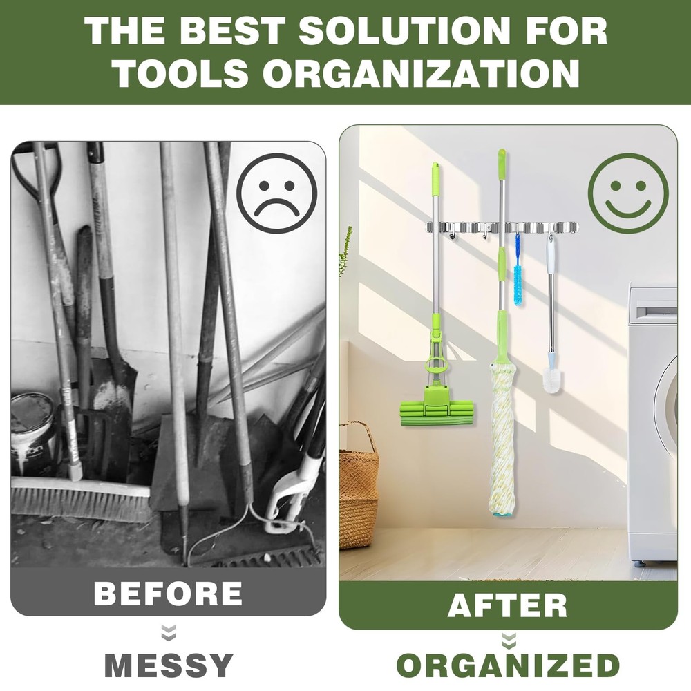 Wall Mount Mop Broom Holder Rack, Adjustable 64 Inch Storage Organizer Tool