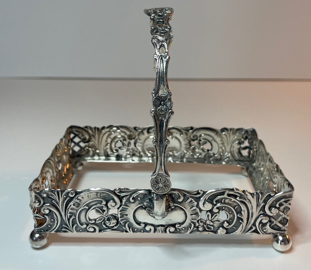 Germany Sterling Repousse Basket Etched Glass Insert Rectangular Swing Handle