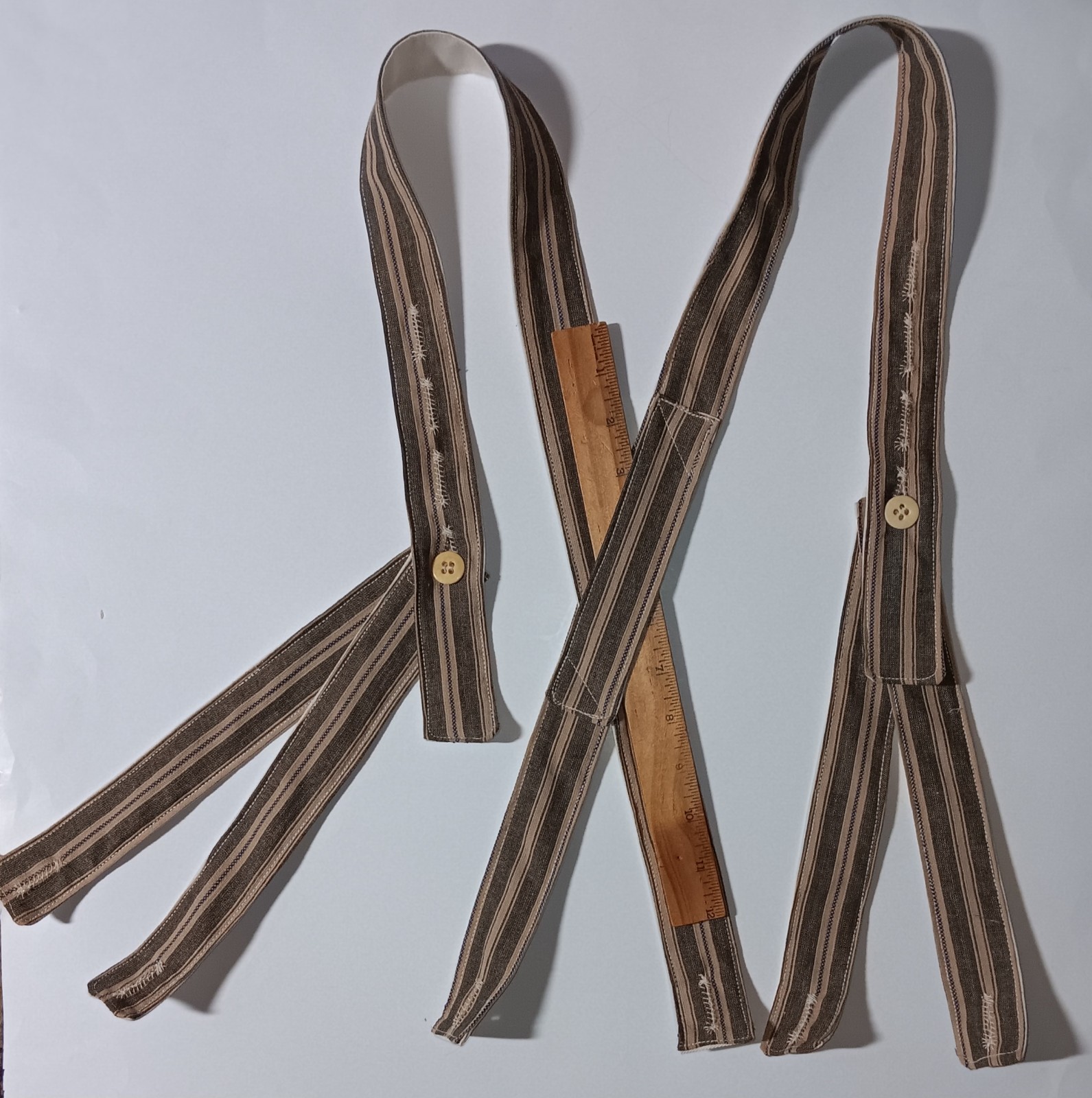 Civil War Braces TEA DYE GRAY BLUE sewn on Period Hand Crank Sewing Machine