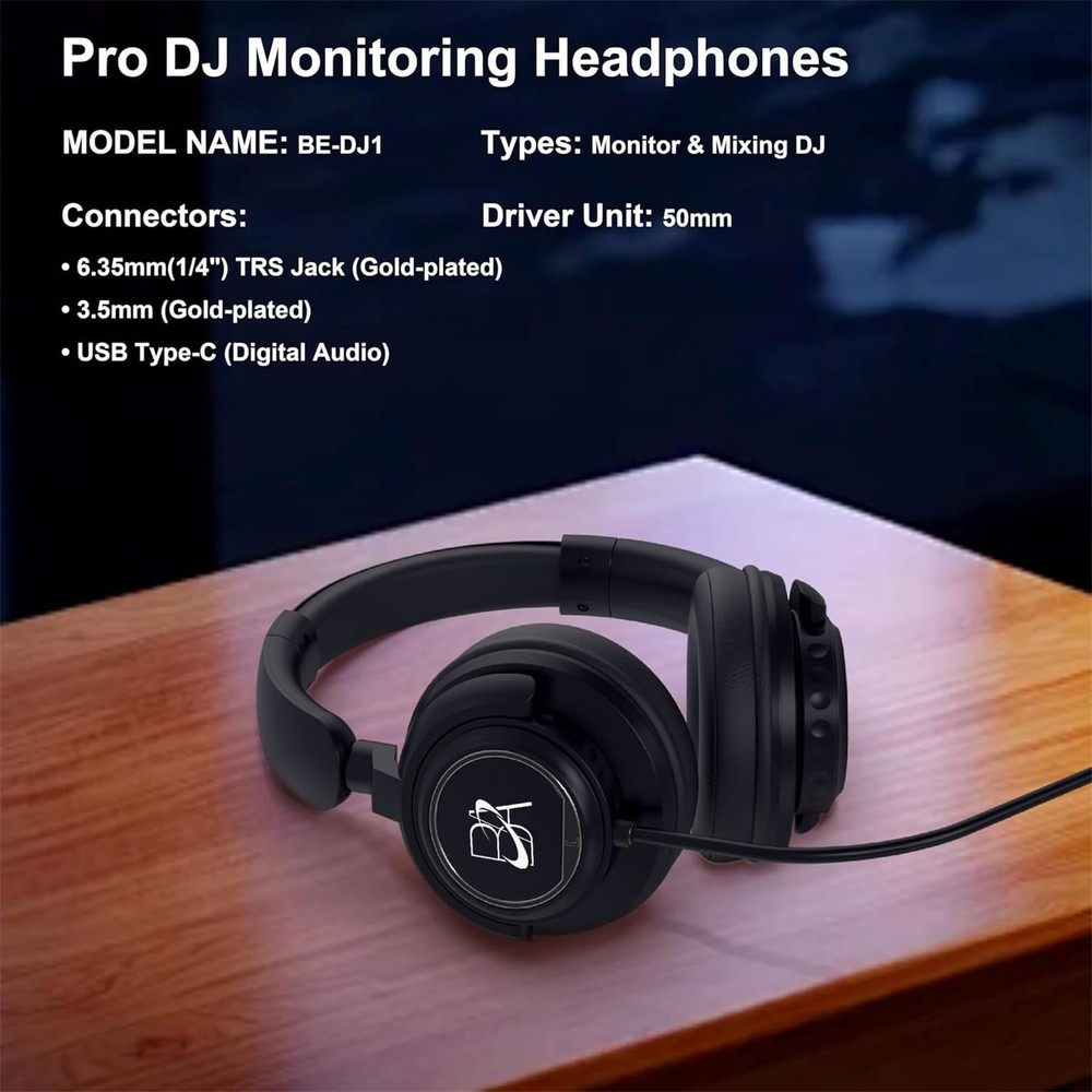 Wired Studio Headphones with 50mm Drivers for DJ, Computer & Guitar Use