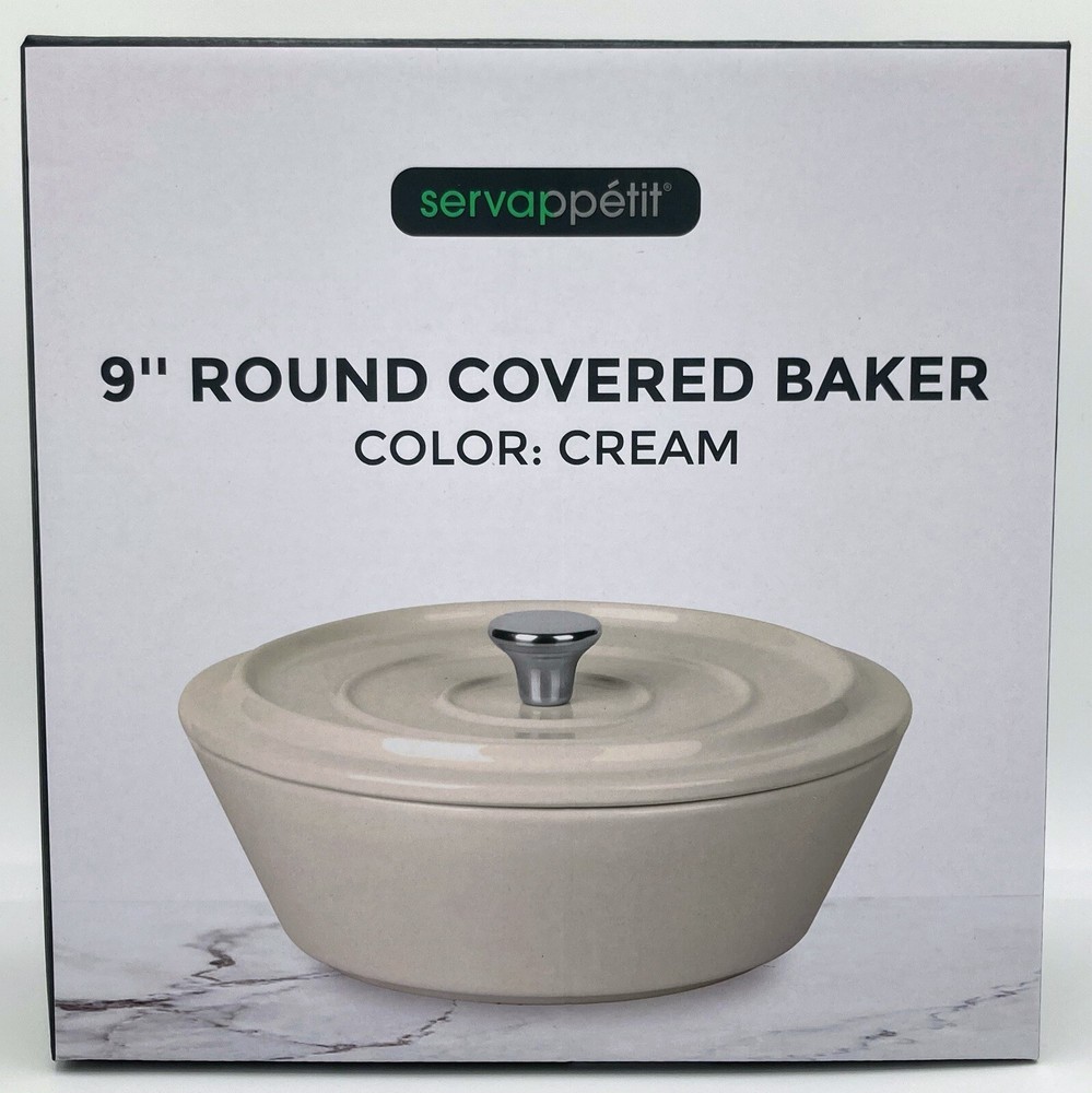 Servappetit Cream Round Covered Stoneware Baker with Lid 9" Diameter Baking Dish