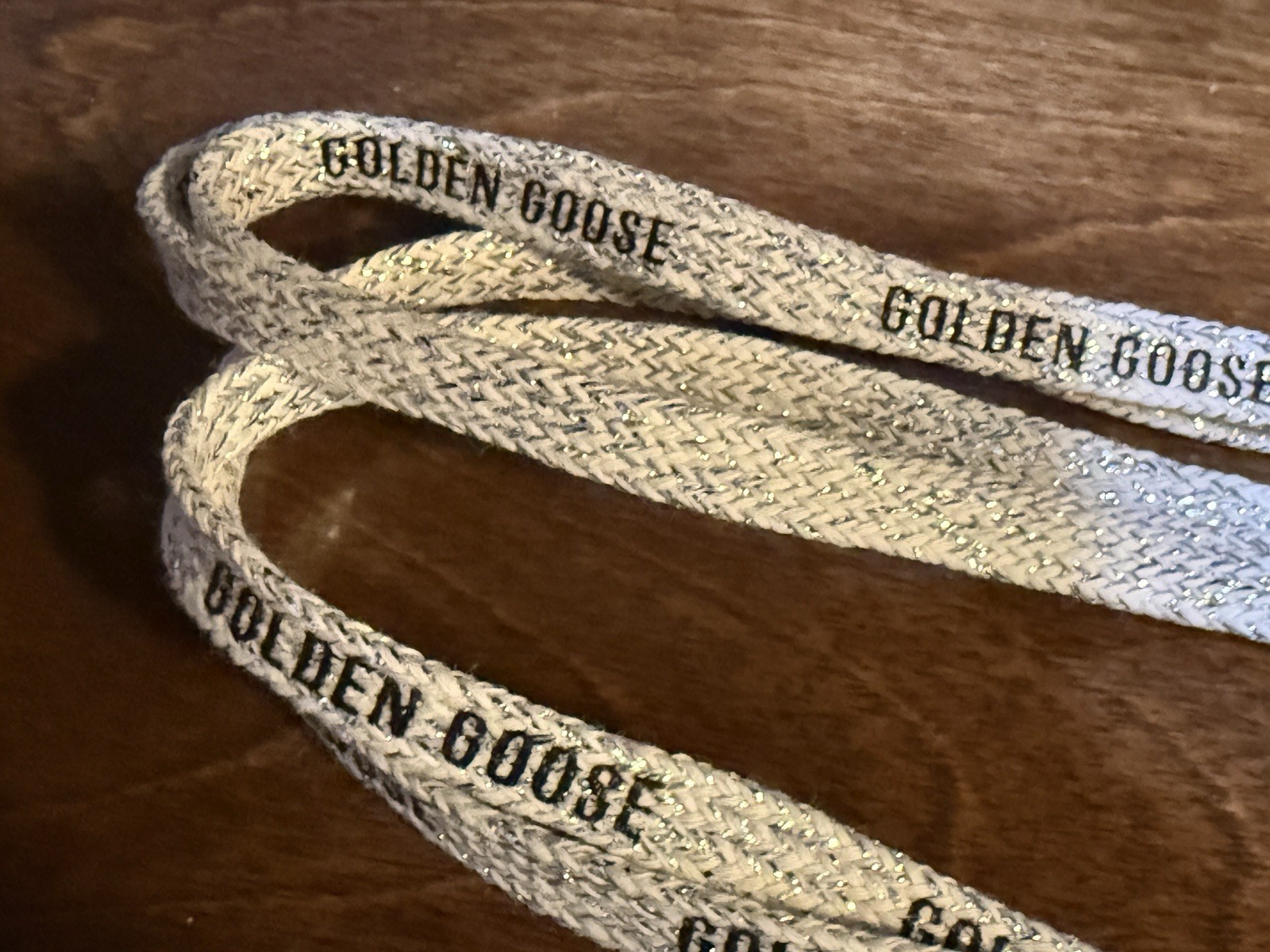 $95 Golden Goose Silver Lurex Laces with Contrasting Black Logo