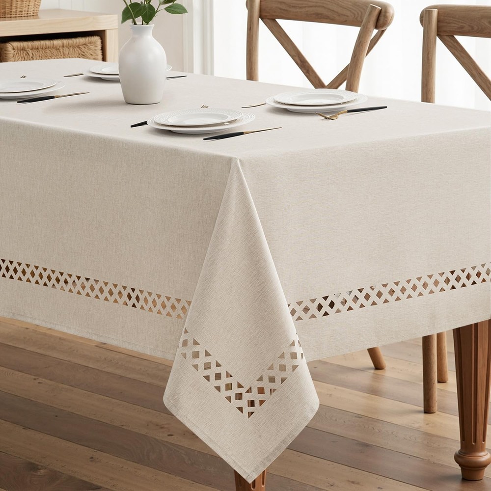 MIULEE Beige Rectangle Linen Polyester Tablecloth with Decorative Cutouts Spr...