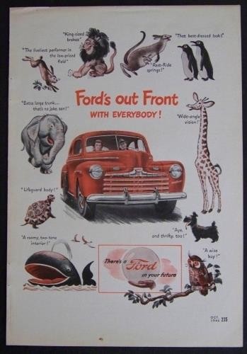 1946 Ford Super Deluxe AD *Ford's Out Front* Cartoon Animals