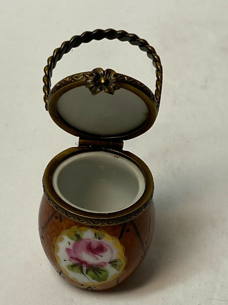 Signed CS Flower Rose Basket Trinket Box Hand Painted