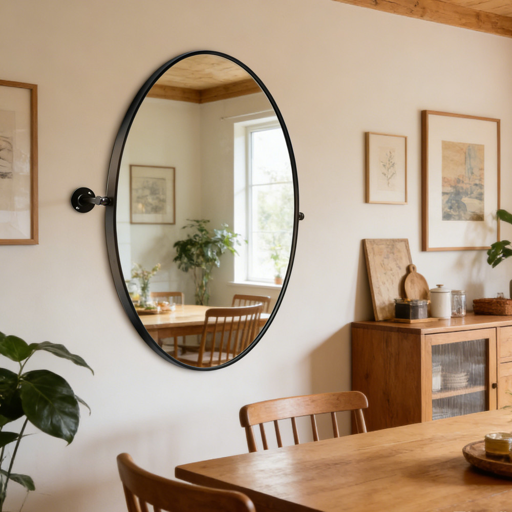 Matte Black Pivot Oval Mirror Wall Bathroom Mirror Tilting Horizontal / Vertical