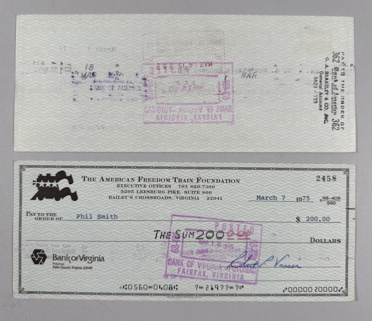 Lot of 650 Bank of Virginia American Freedom Train Foundation Checks 1975