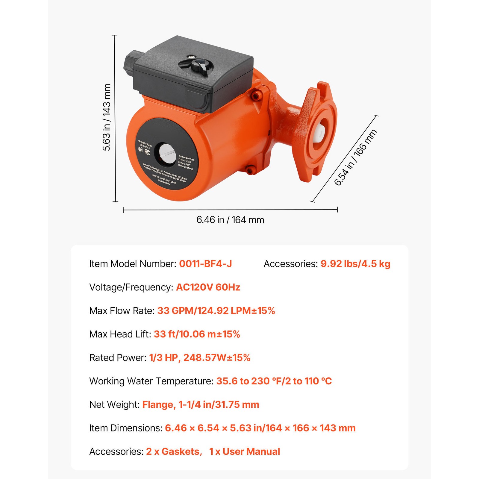 Uimoso Cast Iron Circulator Pump for Hot Water, 1/3 HP, 33 GPM Flow