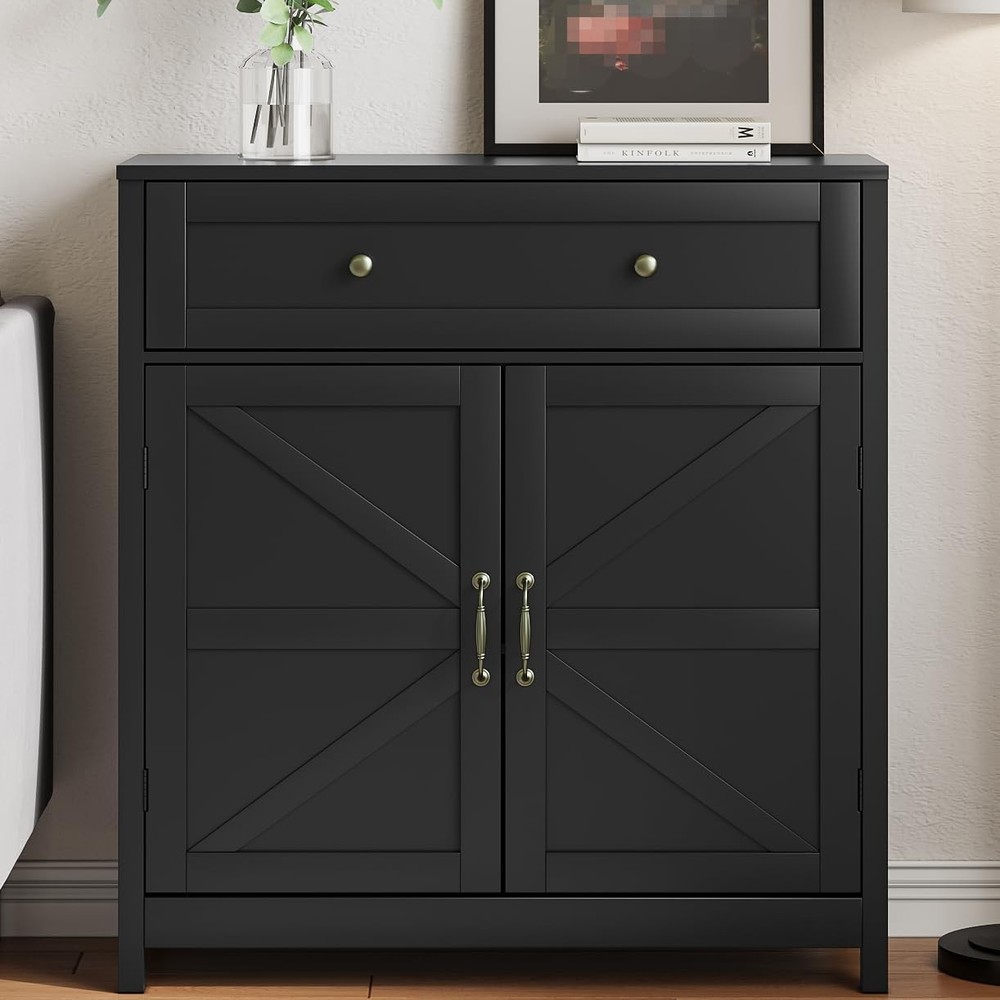 Buffet Sideboard W/ 2 Barn Doors,Black Kitchen Cabinet W/ Adjustable Shelf