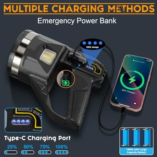 Spotlight 1000000 Lumens, 6 Modes Super Bright LED Rechargeable Large