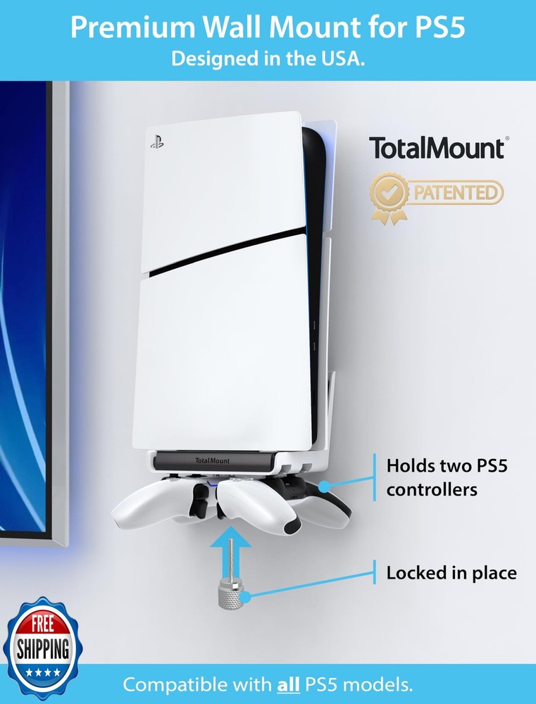 TotalMount Wall Mount for All PS5 Models – Bonus: Holds Two Contr