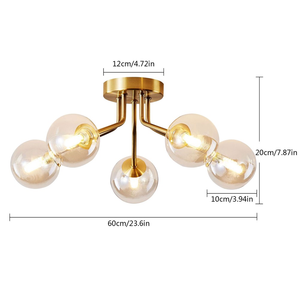 Sputnik Light Fixture Gold Flush,5 Lights Semi Flush Mount Ceiling Light Globe