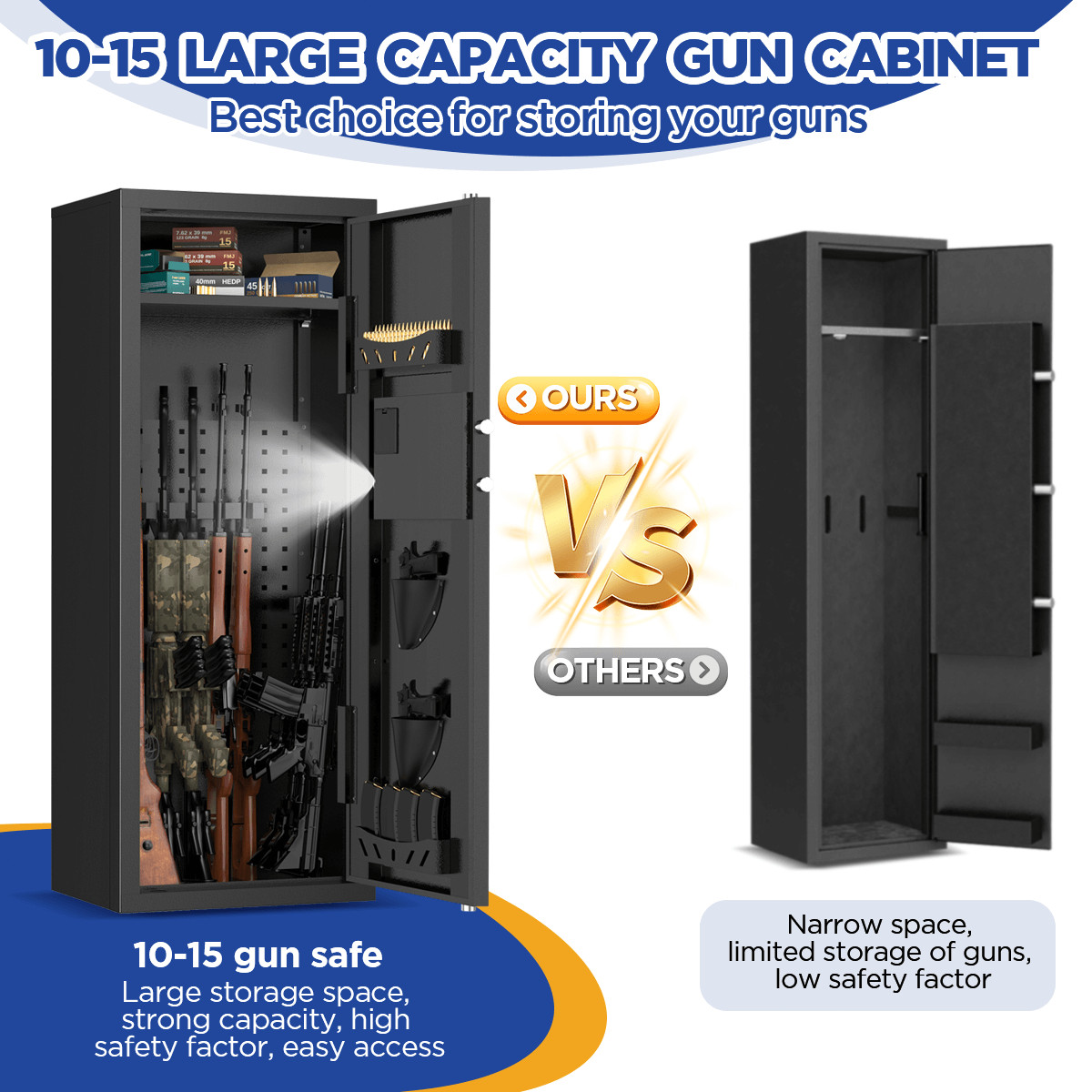 BESAFETY 12-15 Rifle Gun Cabinet for Home Steel Security Gun Safe with Alarm