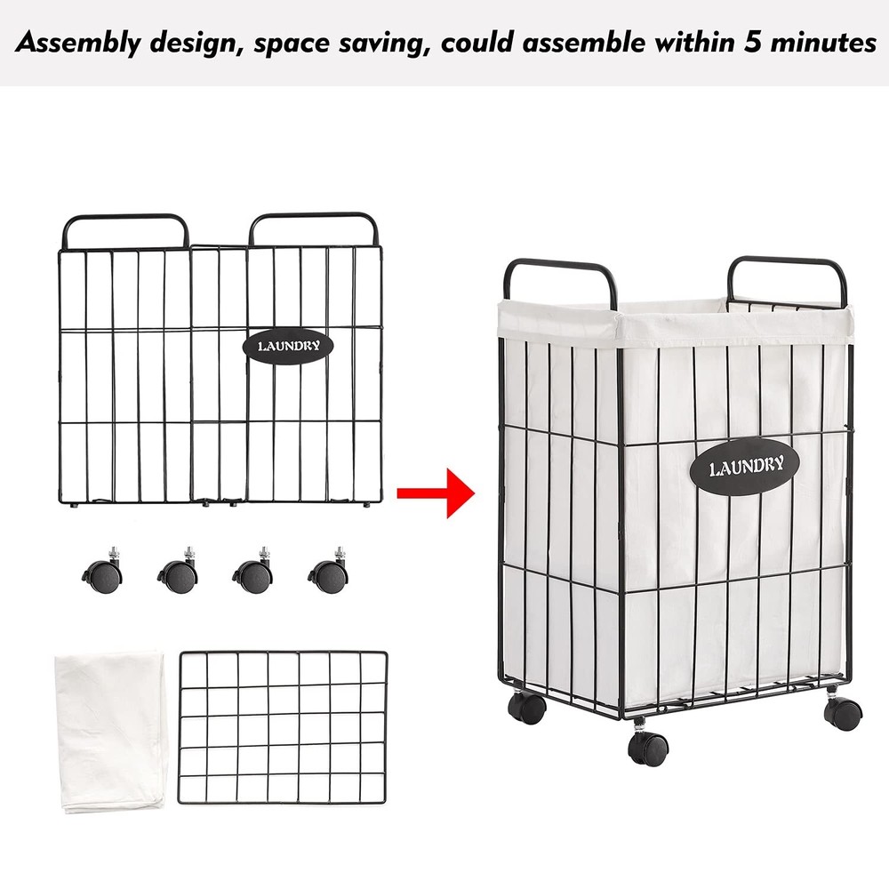 Mxfurhawa Iron Wire Laundry Hamper With Rolling Lockable Wheels, Folding Laun...
