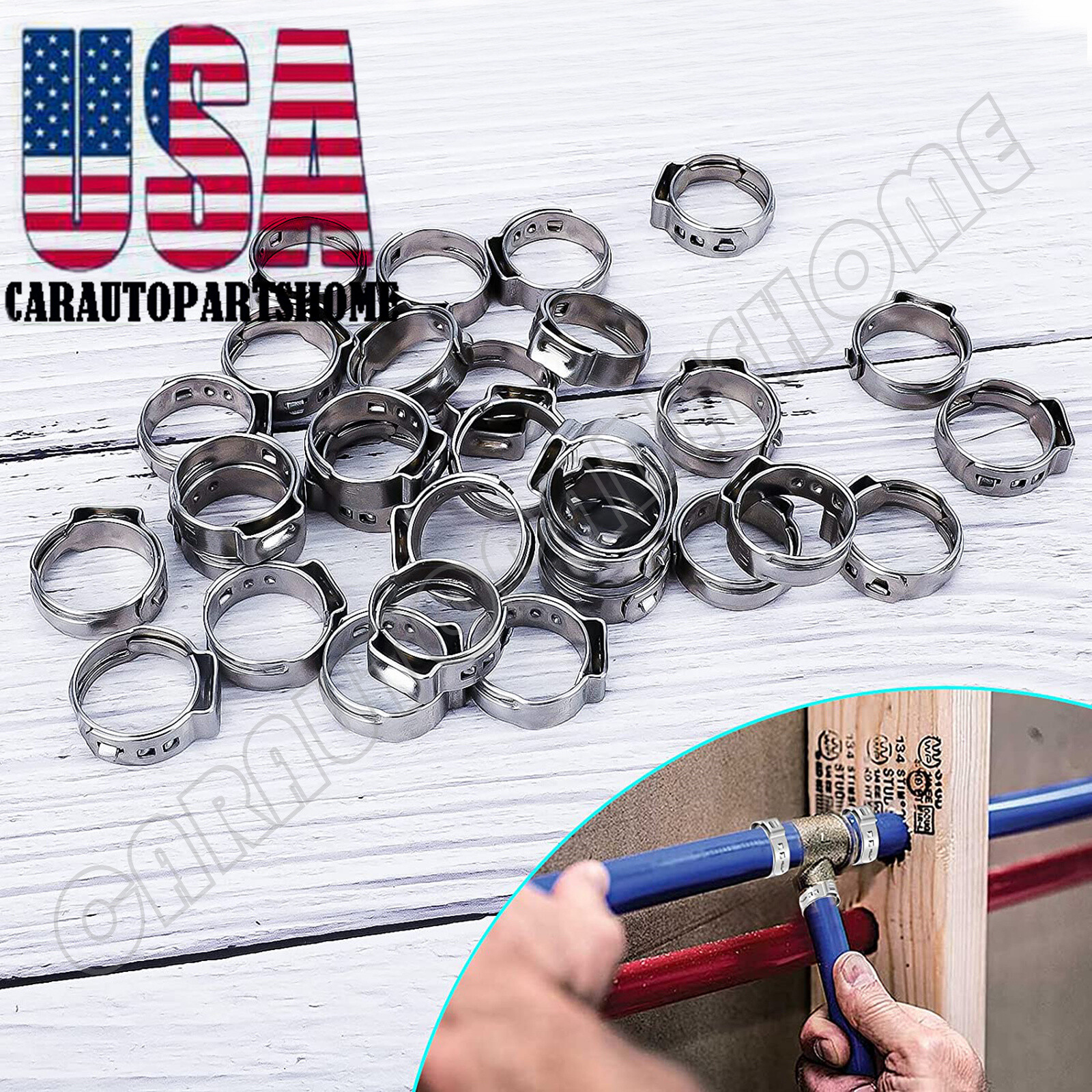 50Pcs 1/2" PEX Stainless Steel Ear Clamp Cinch Rings Crimp Pinch Fitting
