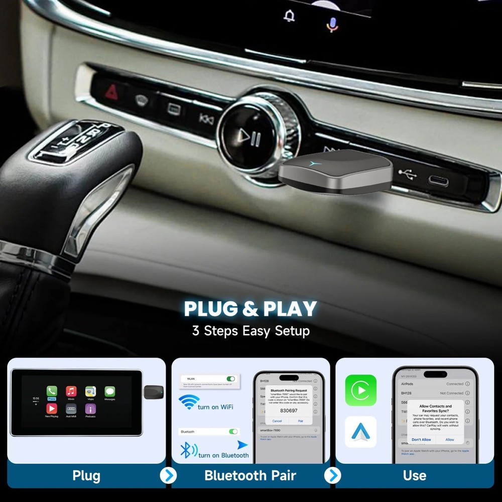 Wireless Carplay & Android Auto 2-in-1 Car Auto USB Dongle Adapter Plug & Play