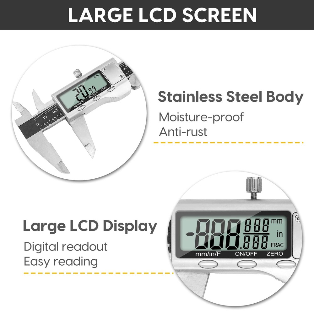 Digital Caliper Measuring Tool 6 Inch Large LCD Screen Stainless Vernier