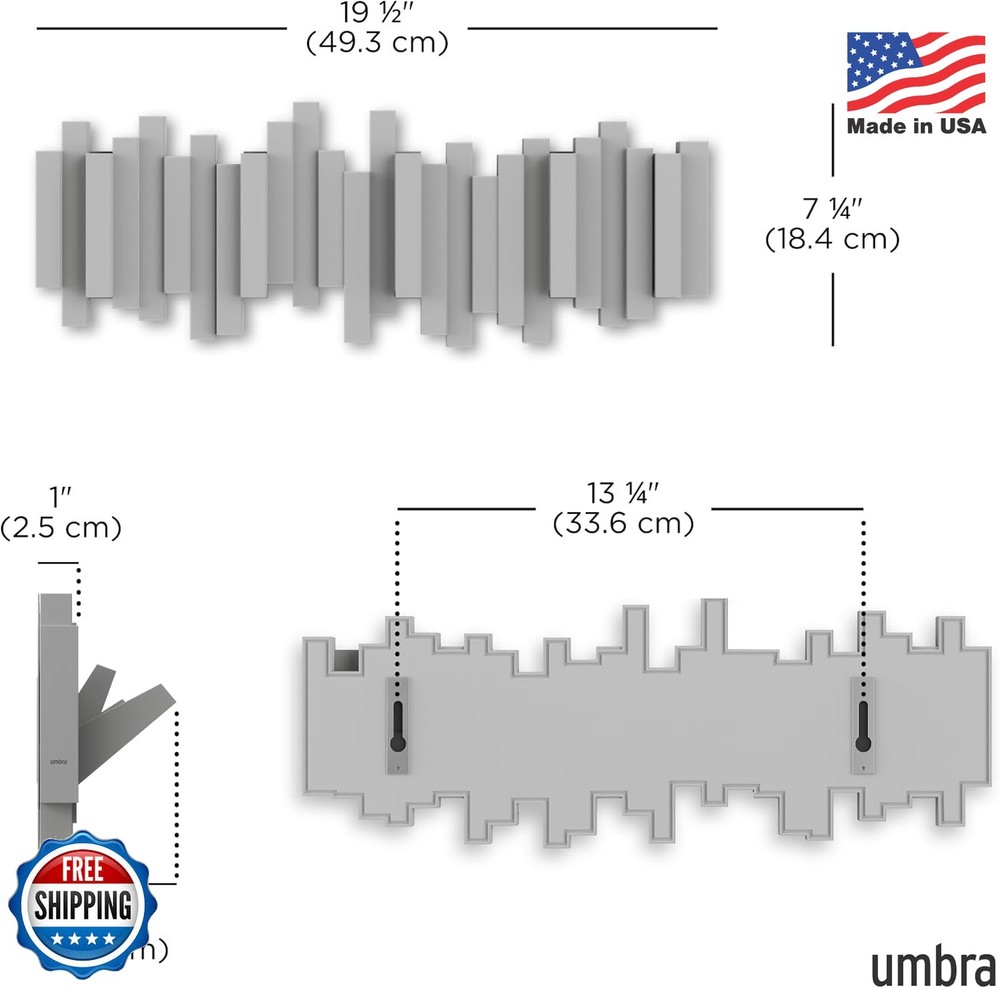 Umbra Sticks Gray Wall Mount Coat Rack 5 Retractable Flip Hooks Modern