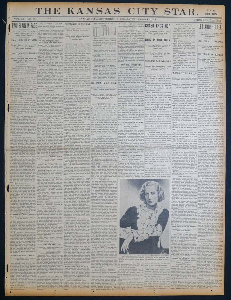 1936 Newspaper Front Pages - Beryl Markham Ends Transatlantic Flight With Crash