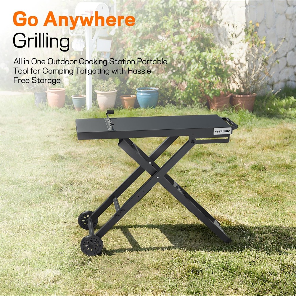 Folding Grill Table, Outdoor Prep Table with 2 Wheels, Adjustable Height Port...
