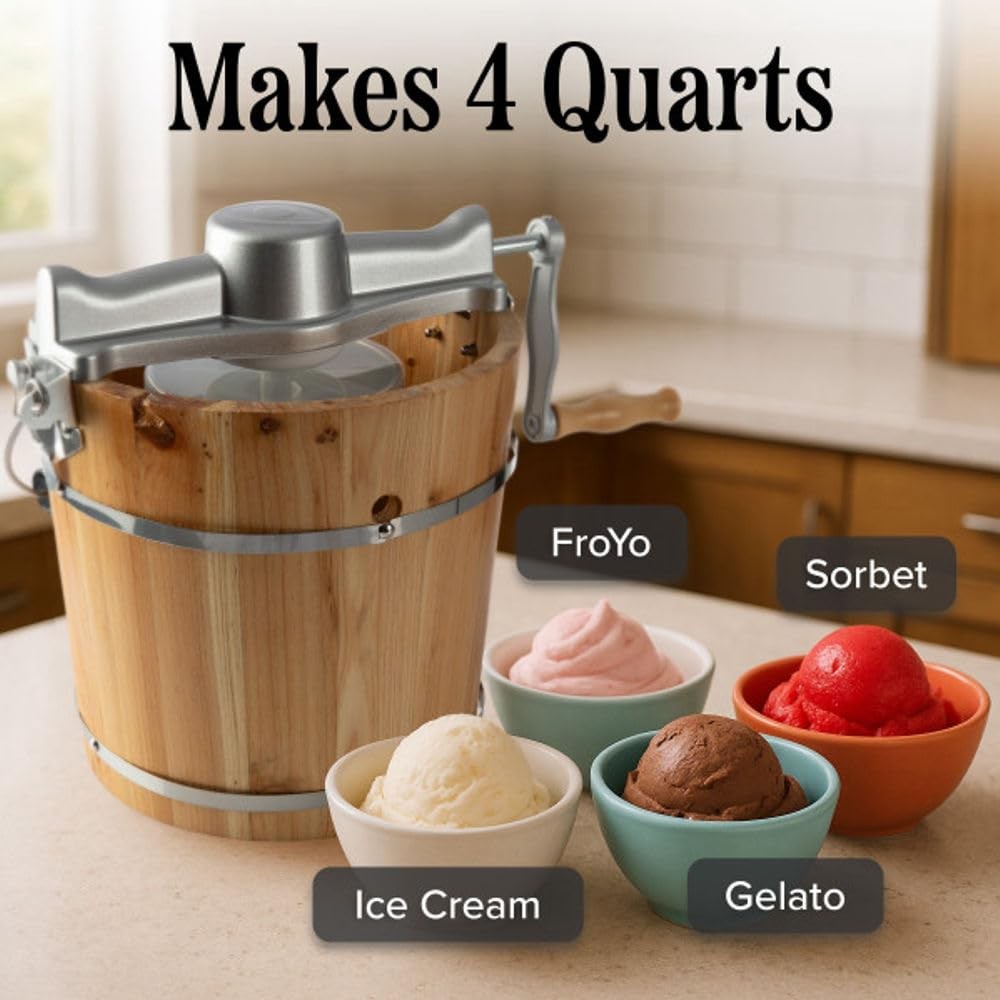 Electric Ice Cream Maker Machine - 4 Quart Old Fashioned Icecream Maker with Han