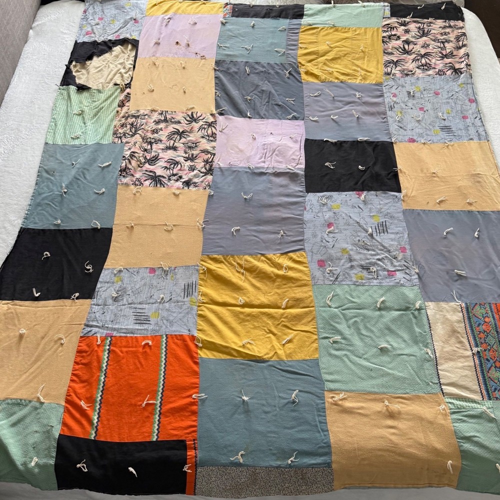 Vintage Patchwork Cutter Quilt 80x64 Thin Tied 70s Upcycle Craft