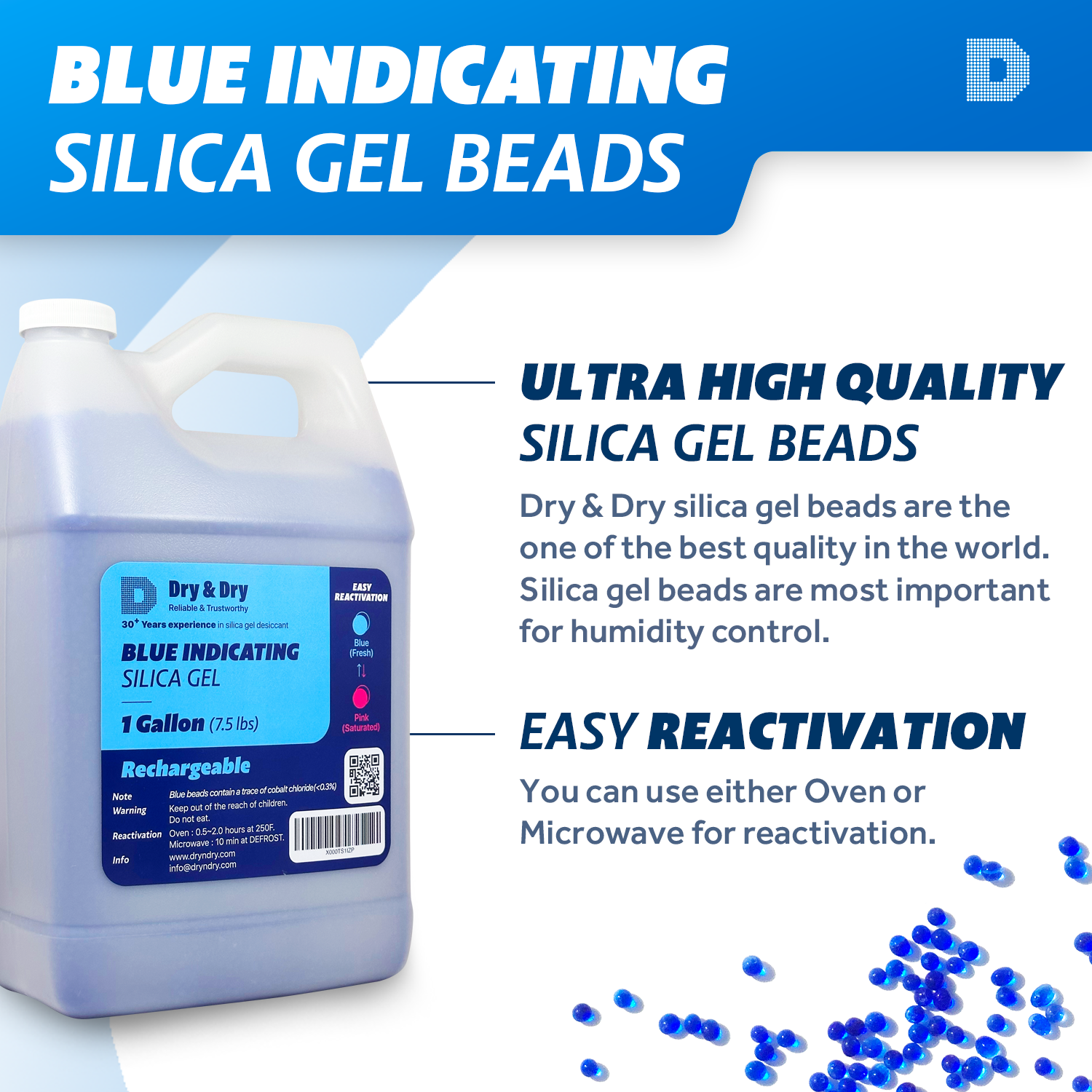 1 Gallon(7.5 LBS) "Dry & Dry" Premium Blue Indicating Silica Gel Desiccant Beads