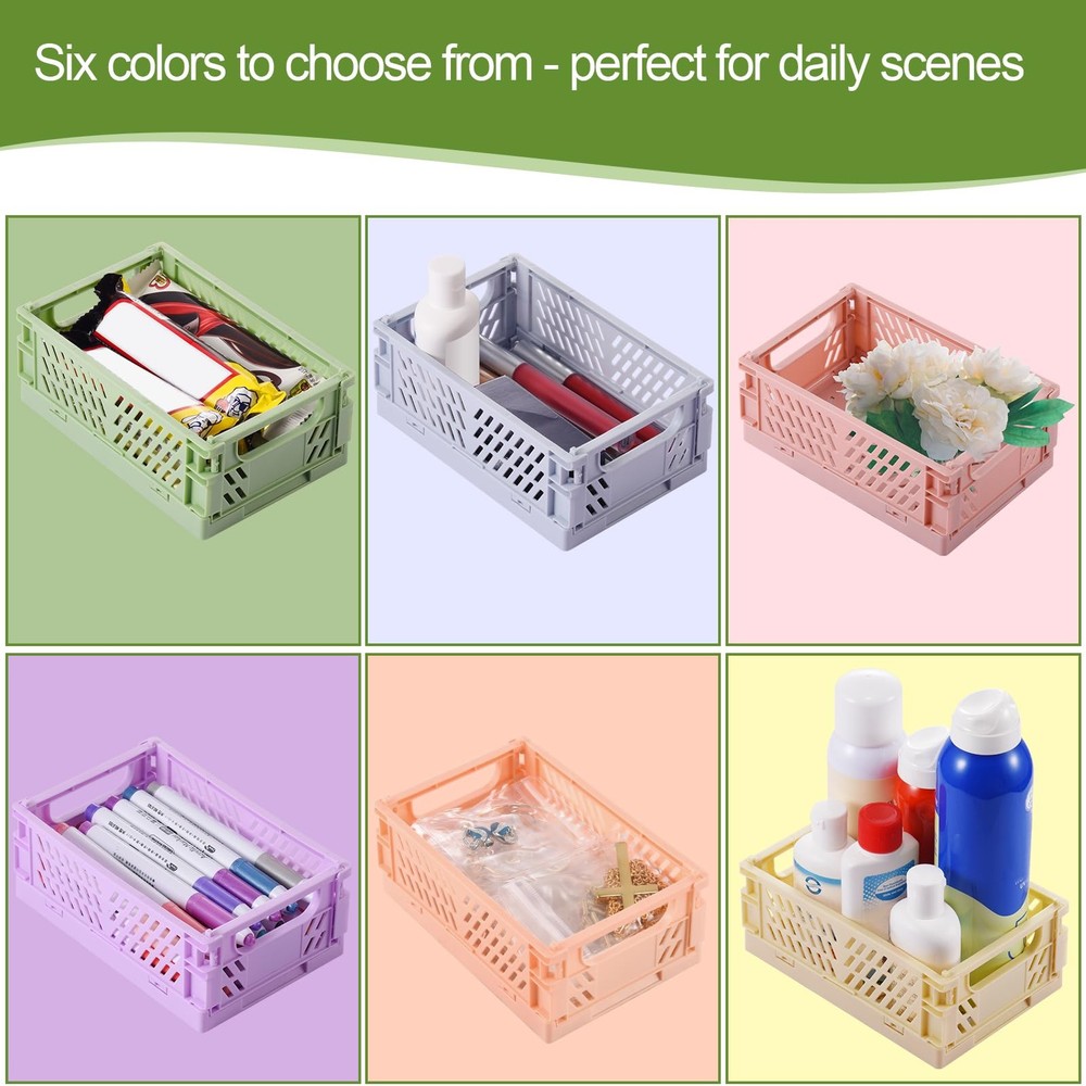 6-Pack Small Pastel Plastic Storage Baskets, Collapsible Crates for Organizing,