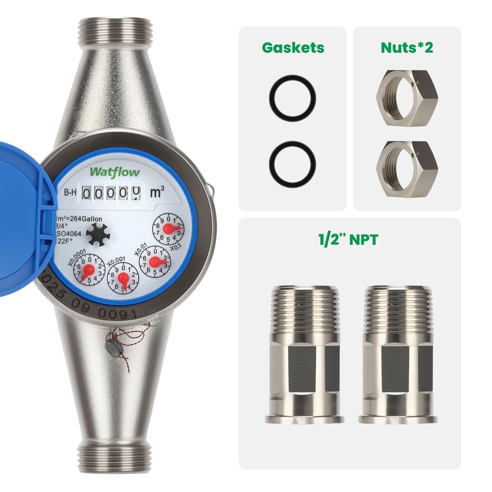 Watflow DN20 SS Water Meter 3/4" NPT, Cubic Flow